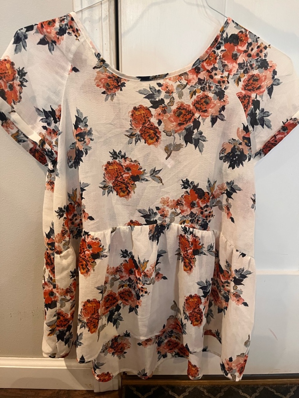 Floral Peplum Short Sleeve Top - White with Orange Floral
